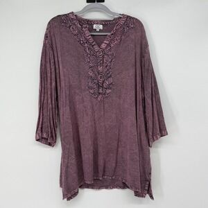 Chic Connection 3X Womens Purple Acid Wash Embroidered V-Neck Tunic Top Boho